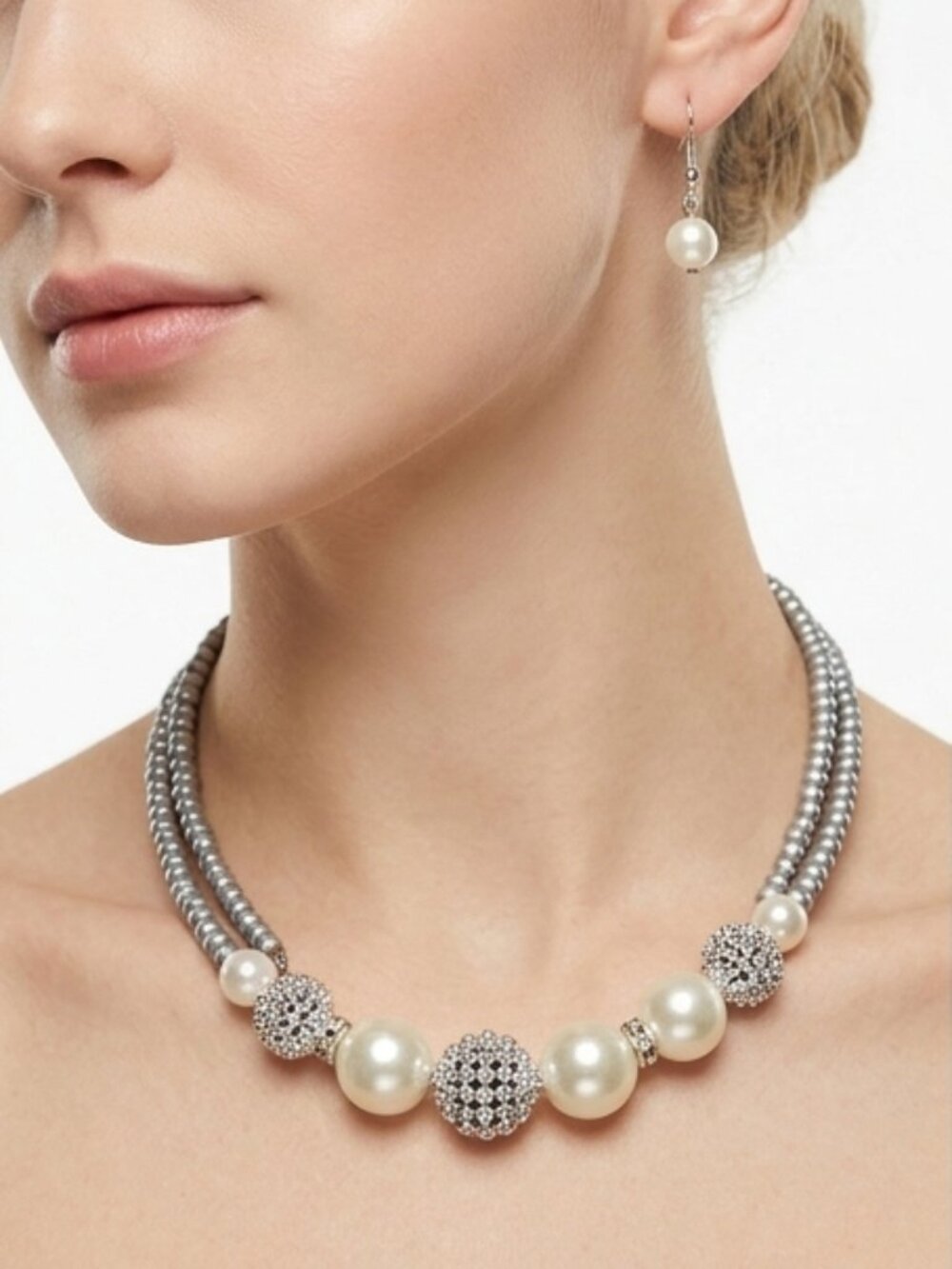 Silver Pearl & Beads Fashion Necklace Earring Set